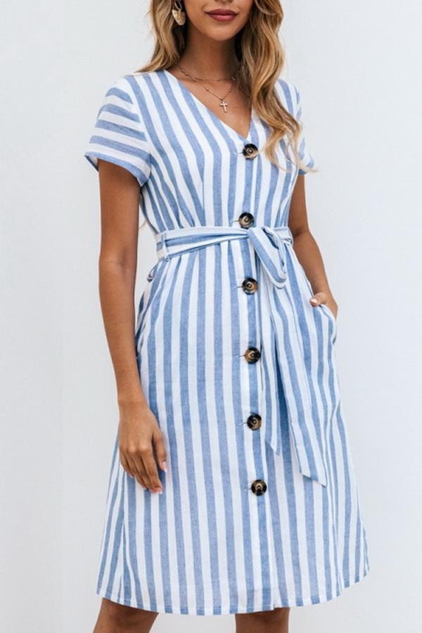 Stripe Pocket V-neck Single Breasted Dress Dress 5201906191605 blue L 