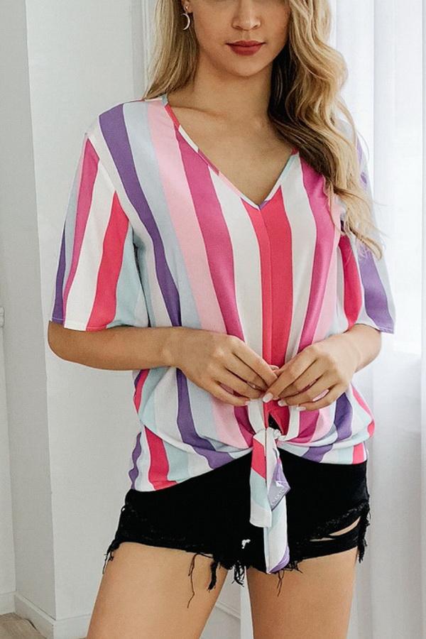 Stripe Printed V-neck Short Sleeve T-shirt Blouses & Shirts 5201906191605 L purple 