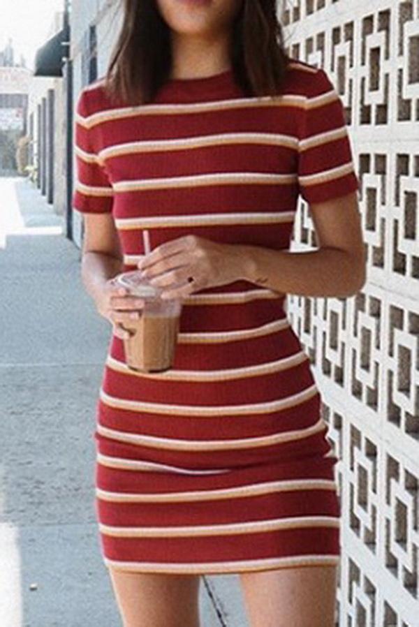Striped Contrast Color Short-sleeved Dress - Pavacat