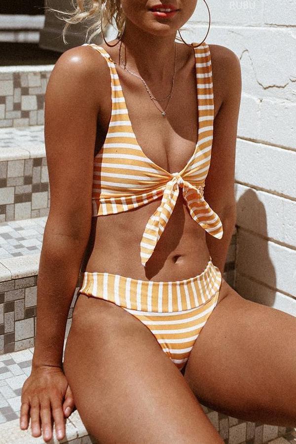 Striped Front Knot Gather Bikini Set Bikini 5201805041545 S Orange 