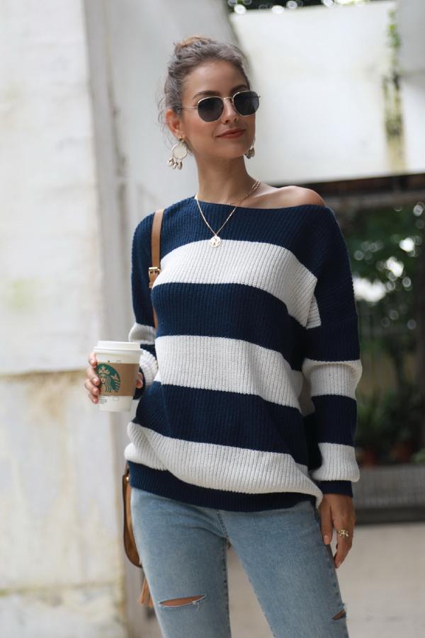 Striped Long-sleeved Loose Sweater - Pavacat