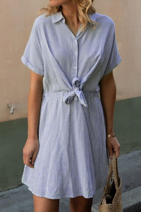 Striped Short-sleeved Shirt Dress - Pavacat