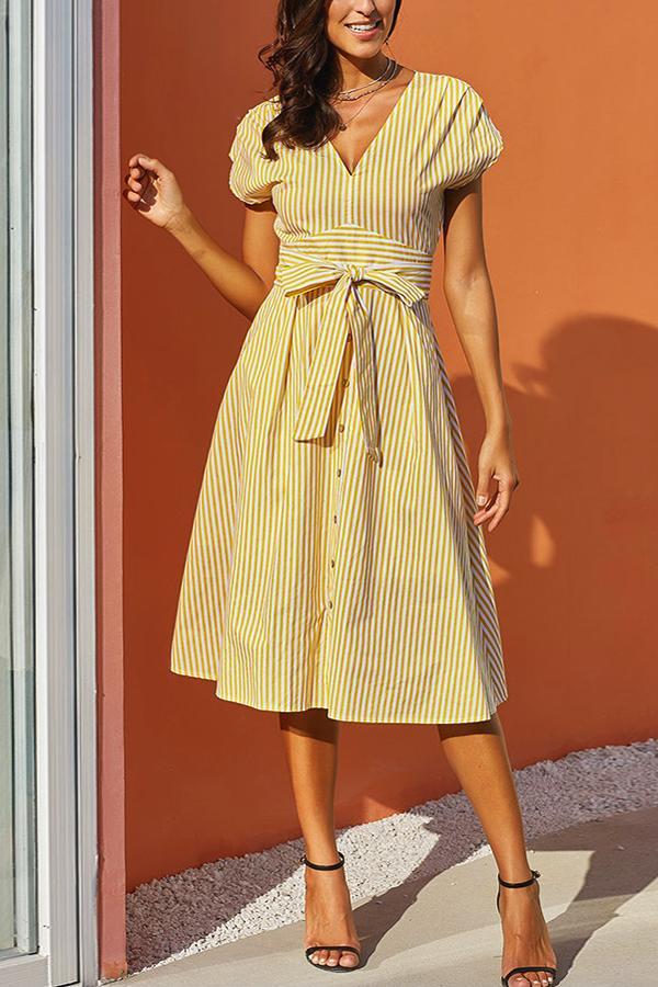 Striped V Neck Belt A-line Dress Dress 5201903041524 L yellow 