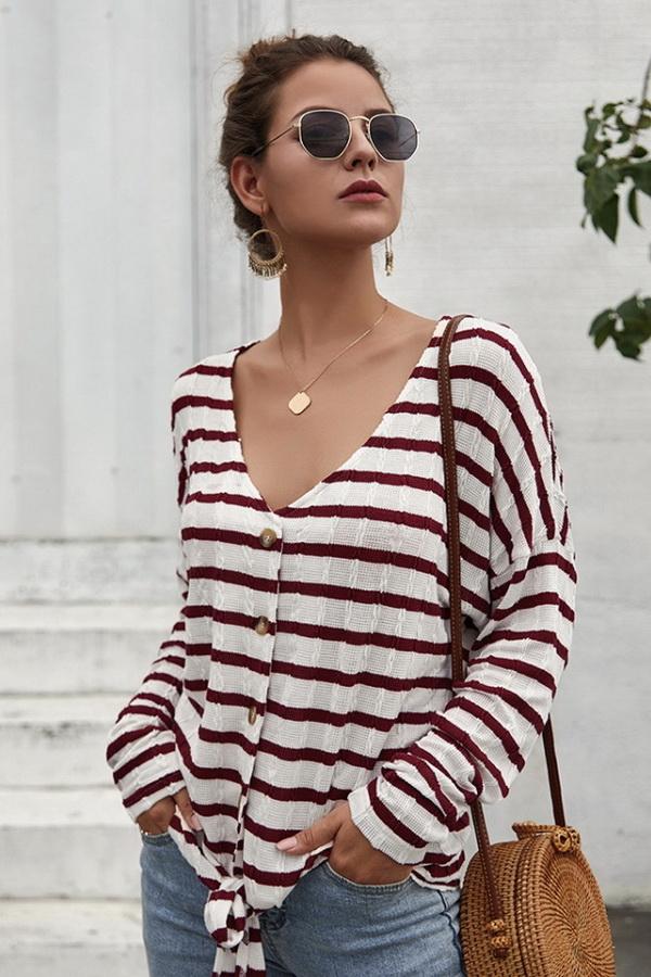 Striped V Neck Front Knot Short Cardigan - Pavacat