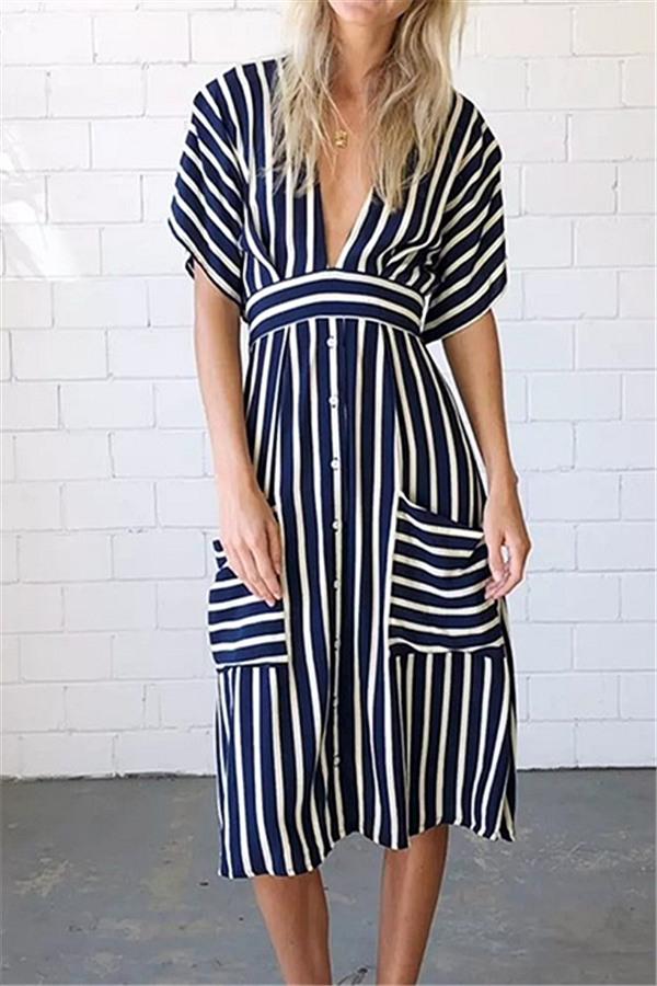 Striped V Neck Pockets Dress Dress 5201901201215 L blue 