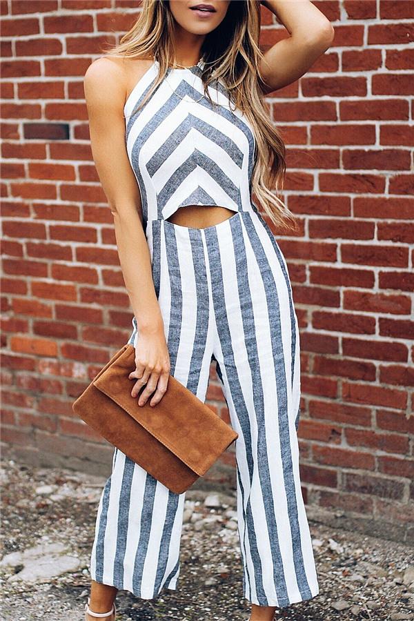 Stripped Midriff-baring Jumpsuit Jumpsuits & Rompers 5201812281531 S gray 