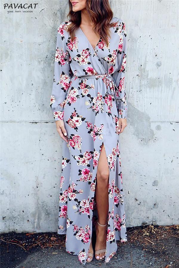 Stylish Floral Print Deep V Neck Maxi Dress Dress chicnico S Lightgray 