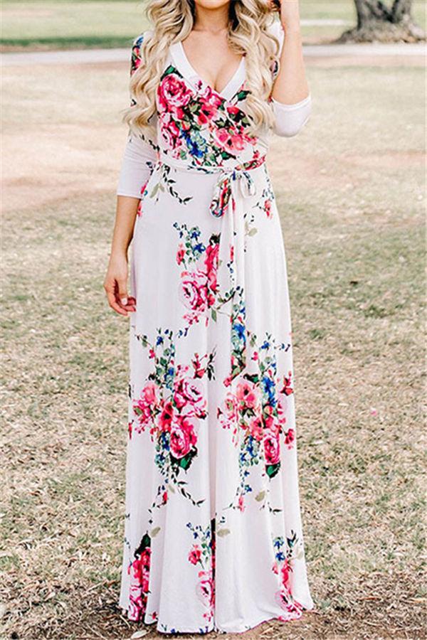 Summer Floral V Neck Maxi Dress Dress 5201901221602 L white 