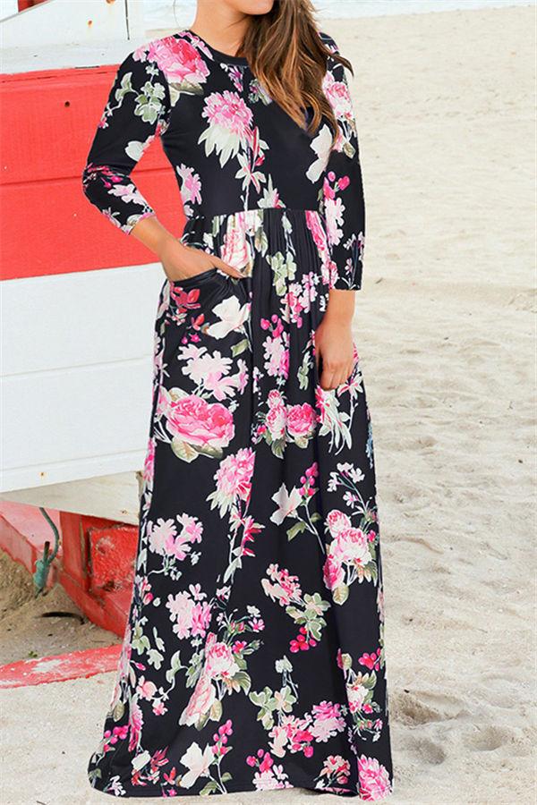 Summer High Waisted Floral Maxi Dress Dress 5201901221602 L black 
