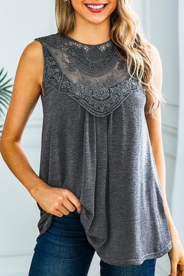 T-shirt With Round Collar Lace Blouses & Shirts 5201906191605 L gray 