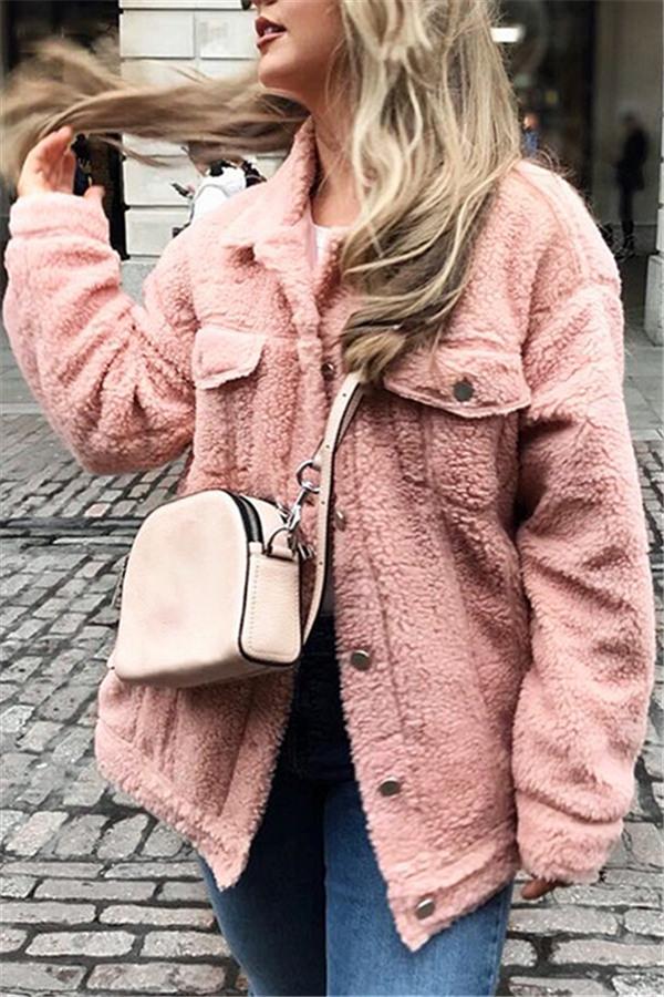 Trendy Furry Lamb Wool Fur Coat - Pink Coat Simplee S Pink 