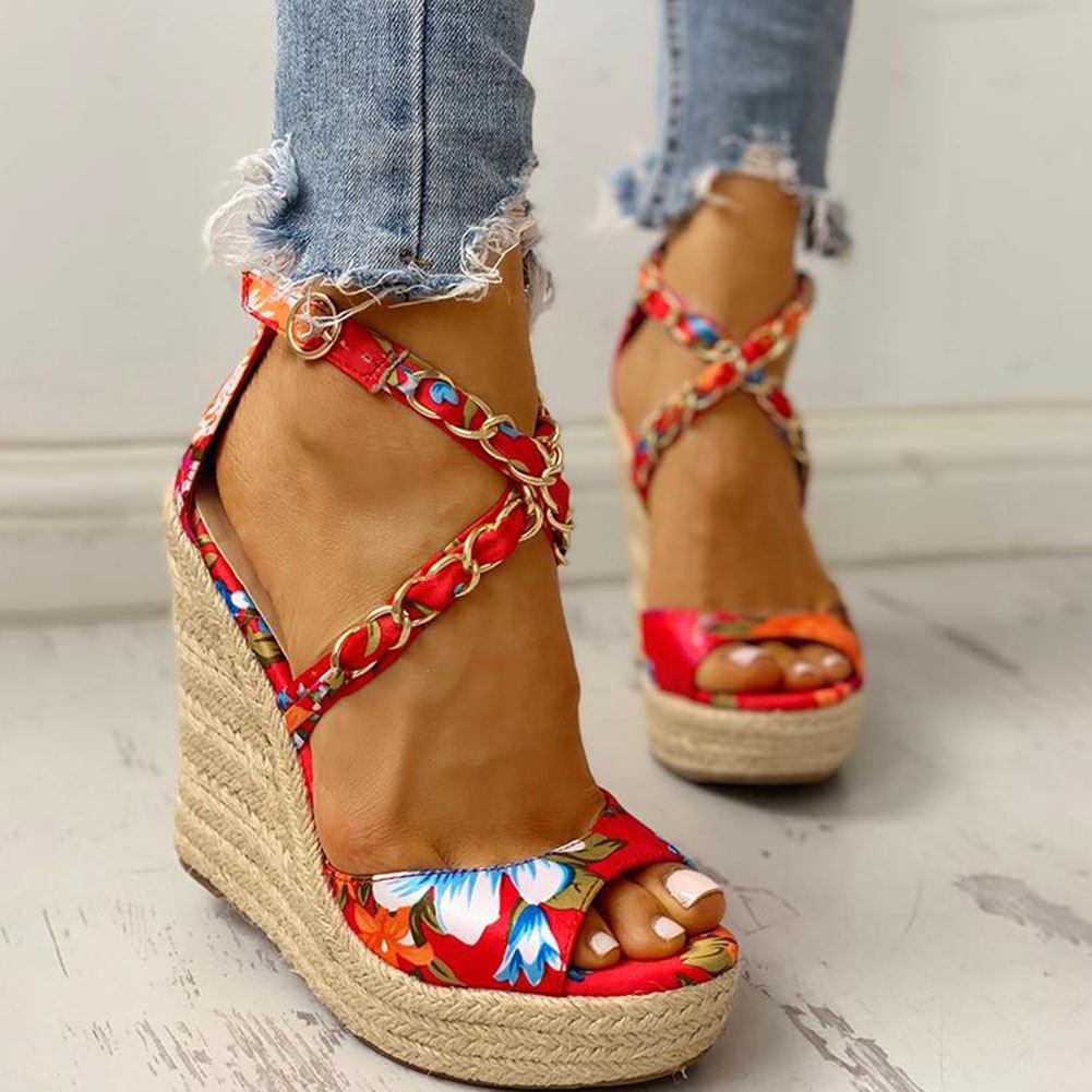 Twine Woven Floral Cross-Strap Wedges Sandals - Pavacat