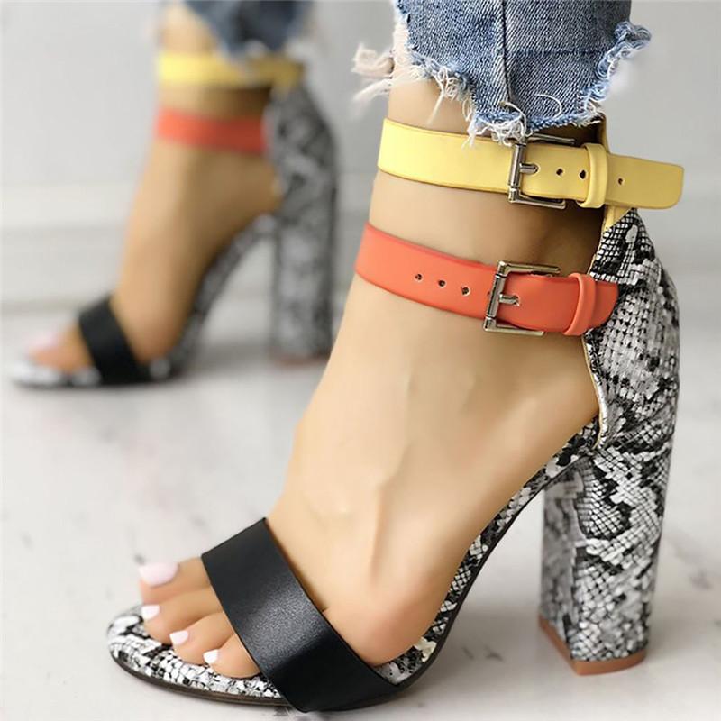 Two-color Buckles Snake Print Peep Toe Sandals - Pavacat