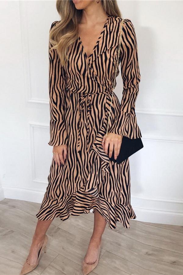 V-collar Printed Long-sleeved Irregular Chiffon Dress Dress 5201906151552 khaki L 