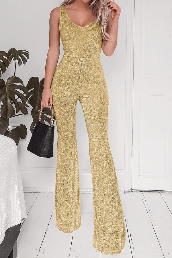 V Necck Sleeveless Flare Jumpsuit Jumpsuits & Rompers 5201904110309 L gold 