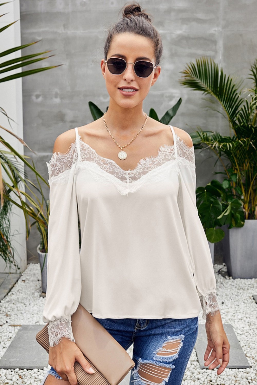 V Neck Cold Shoulder Lace Stitched Blouse - Pavacat