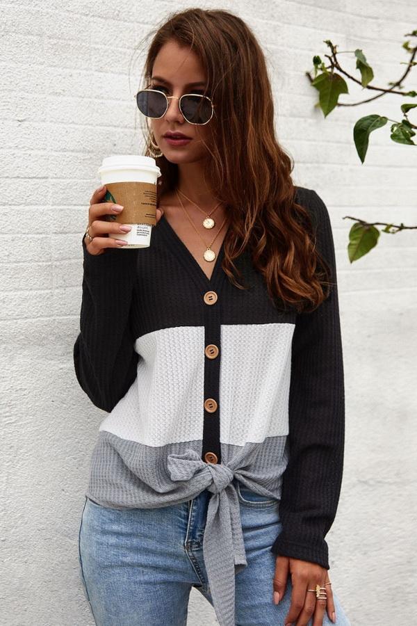 V Neck Color Block Cardigan - Pavacat