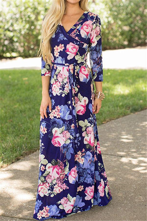 V Neck Floral Lace Up Maxi Dress Dress 5201901221602 L blue 