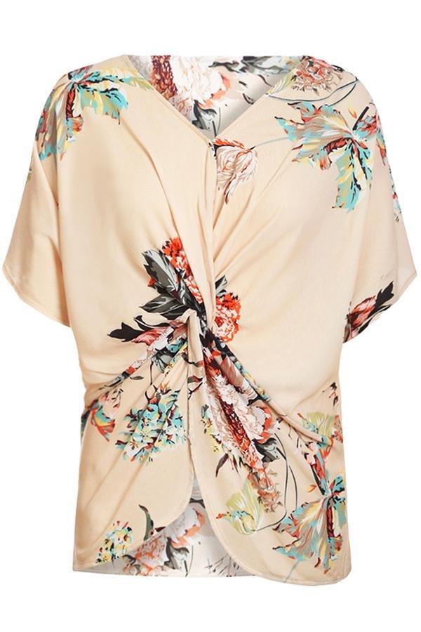 V Neck Floral Twist Tee Blouses & Shirts 5201903041524 L blanchedalmond 