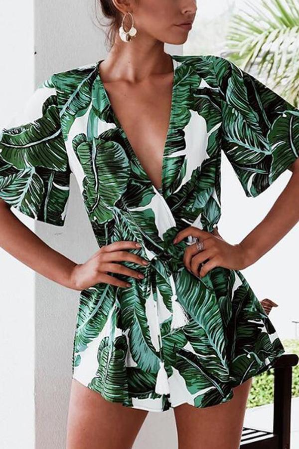 V Neck Green Leaves Tie Waist Romper Jumpsuits & Rompers 5201805021530 S green 