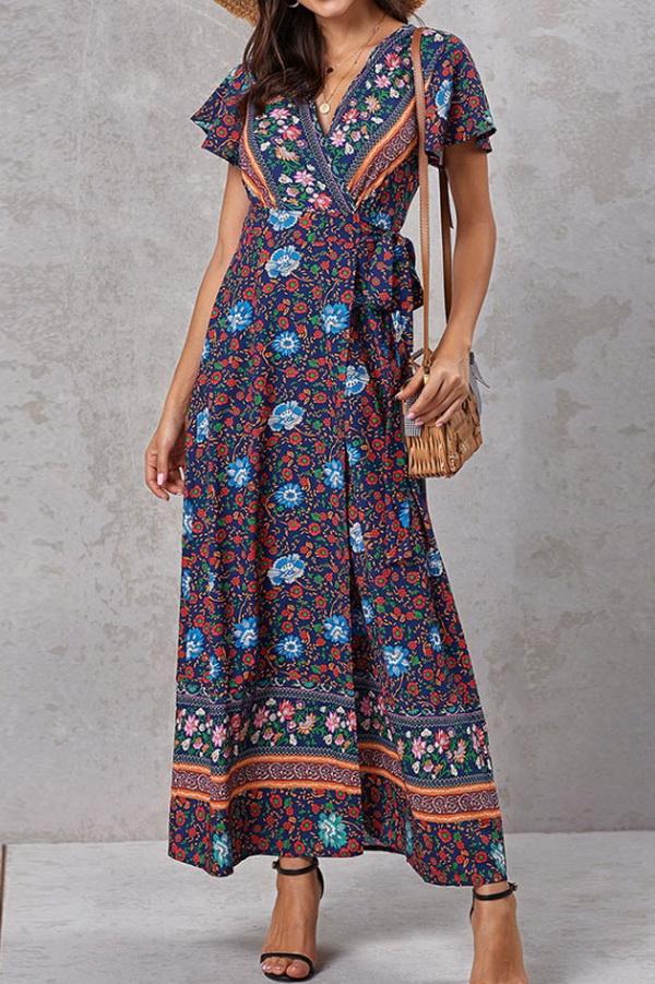 V-neck High Waist Print Mid-length Dress - Pavacat