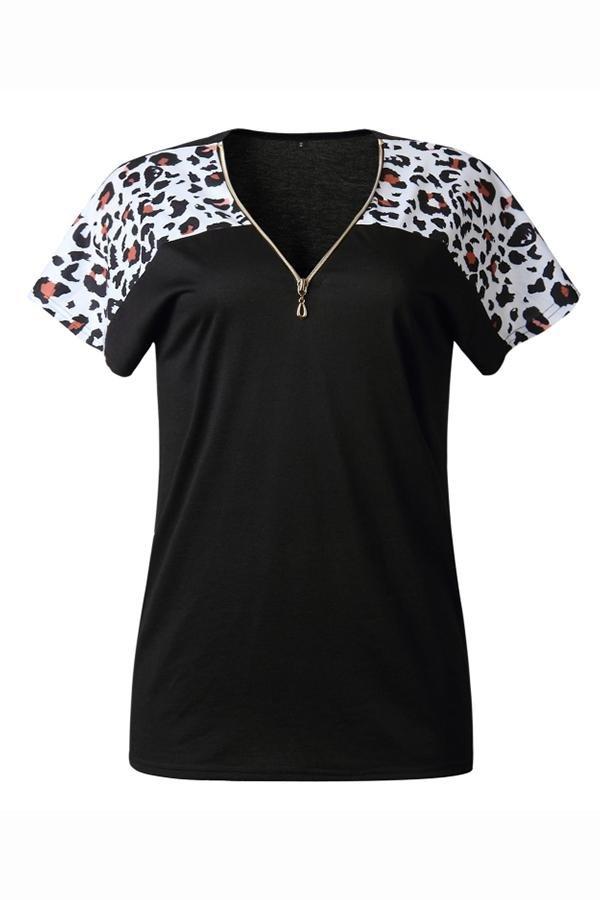 V-neck Leopard Zipper Short Sleeve T-shirt Blouses & Shirts 5201906191605 black L 