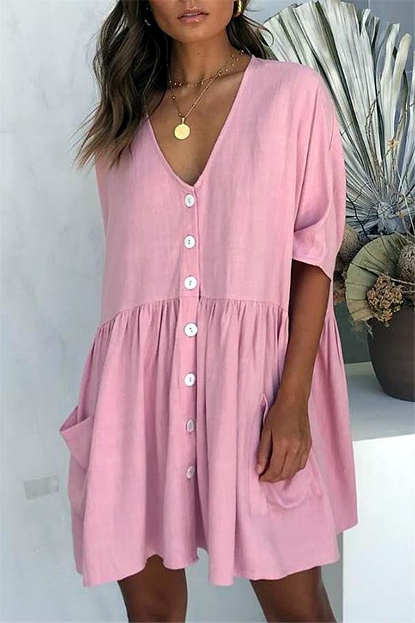 V Neck Pockets Loose Dress - Pink Dress 5201812281531 S pink 