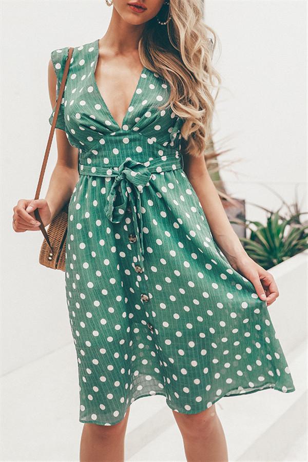 V Neck Polka Dot Green Ruffle Summer Dress - Pavacat