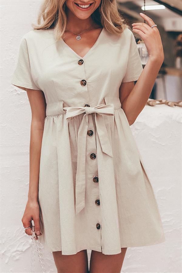 V Neck Short Sleeve Cotton Linen Shirt Dress - Pavacat