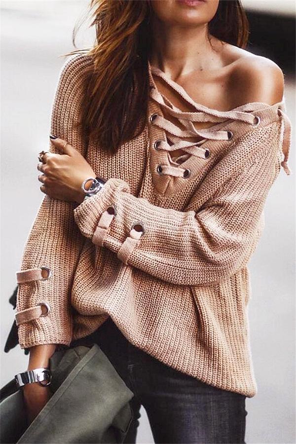 V Neck Striped Bandage Cross Ties Sweater Pullover Aliexpress One Size Khaki 