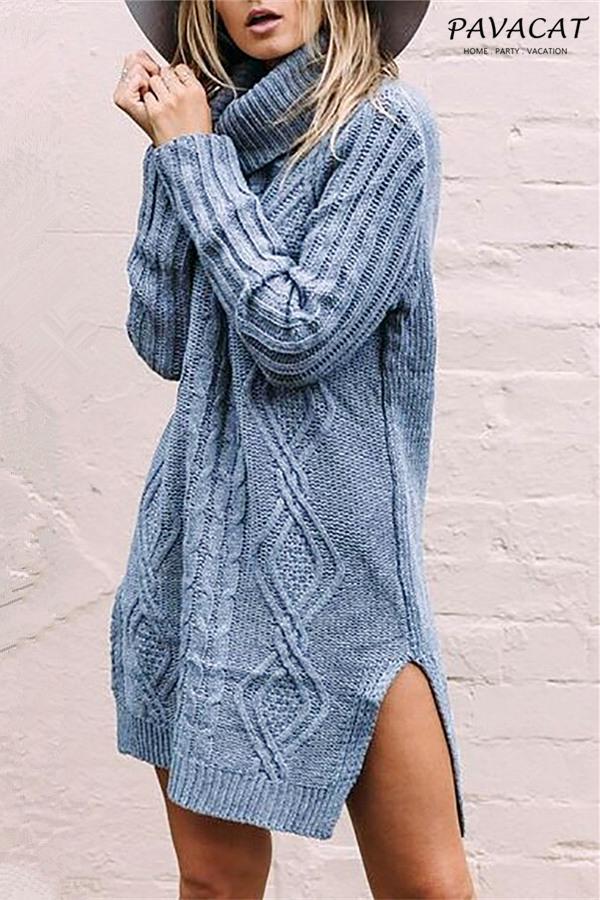 Vines on Cable Knit Longline Sweater Pullover Pavacat One Size Blue 