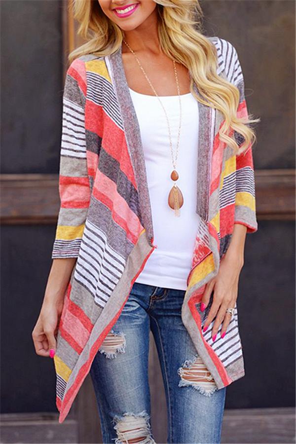 Vintage Casual Striped Patchwork Cardigan Cardigans Pavacat S Red 