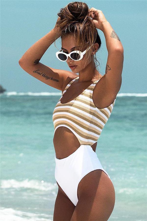 White Striped Open Back One-piece Swimsuit One-Piece Pavacat S brown 