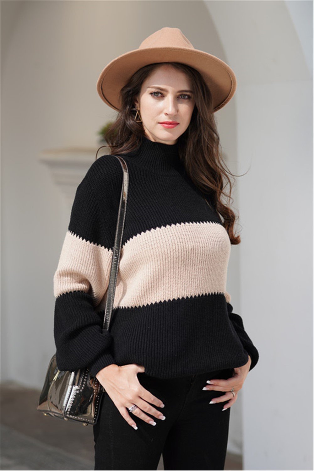 Wide Stripe High Collar Loose Pullover - Khaki - Pavacat