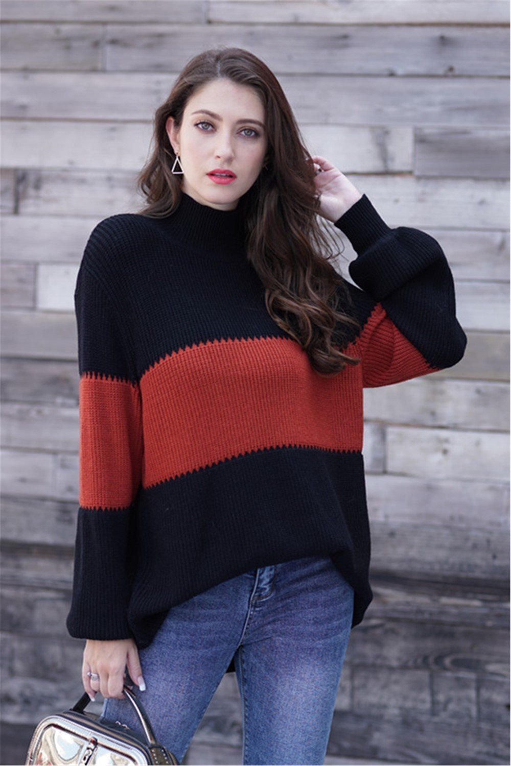 Wide Stripe High Collar Loose Pullover - Pavacat
