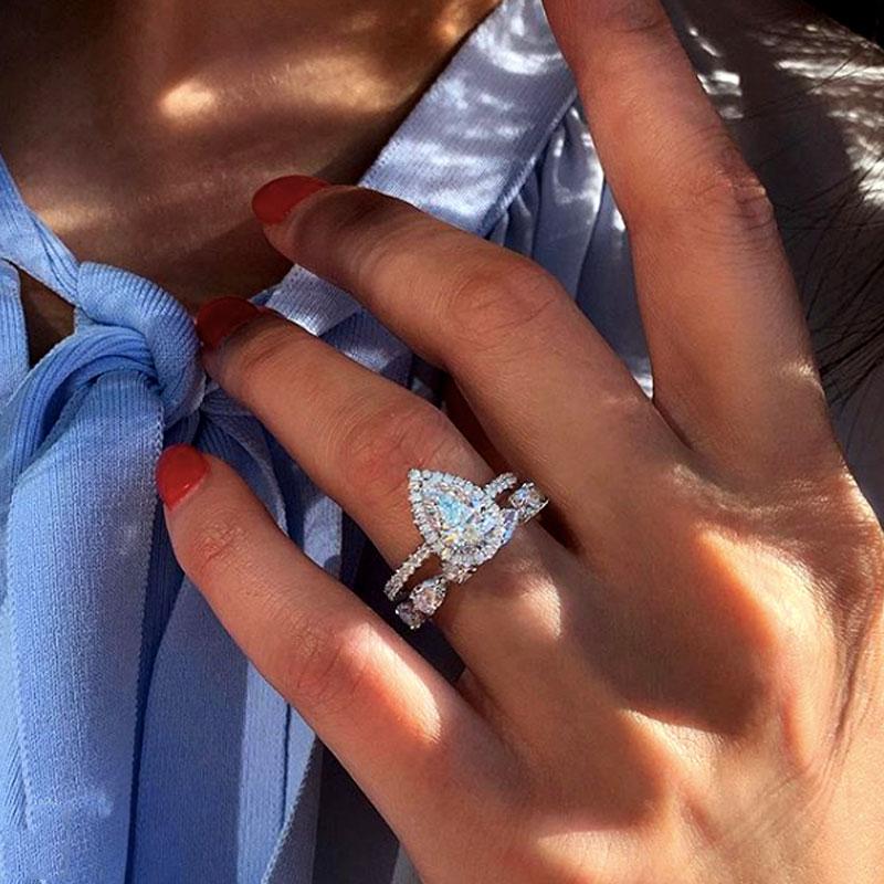 Bridal Set Halo Pear Cut Engagement Ring & Pear Cut Wedding Band