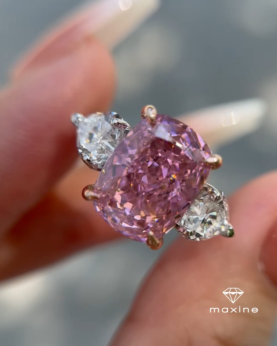 Heart Shaped Pink Diamond Ring, Three Stone Vivid Pink Diamond