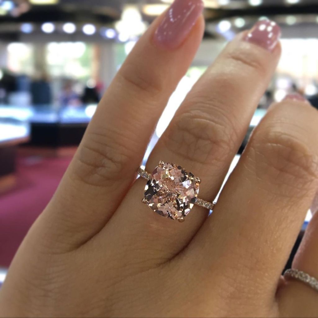 Large Cushion Peach Sapphire Engagement Ring Gold Halo Diamond Ring 14K Rose Gold / 4.5