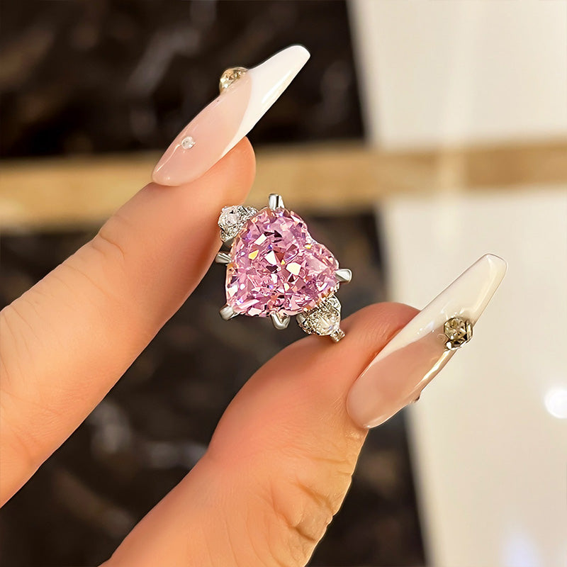 Luxury Heart 925 Sterling Silver Pink Diamond Earrings Necklace
