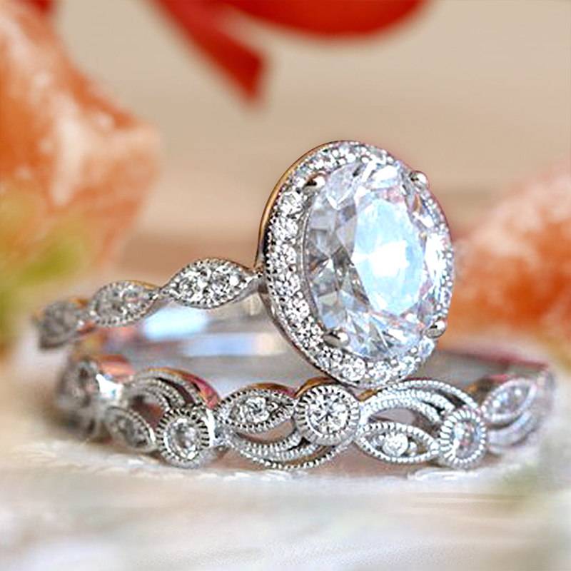 Antique Diamond Bridal Set. Engagement Ring and Wedding Band. 14K Whit