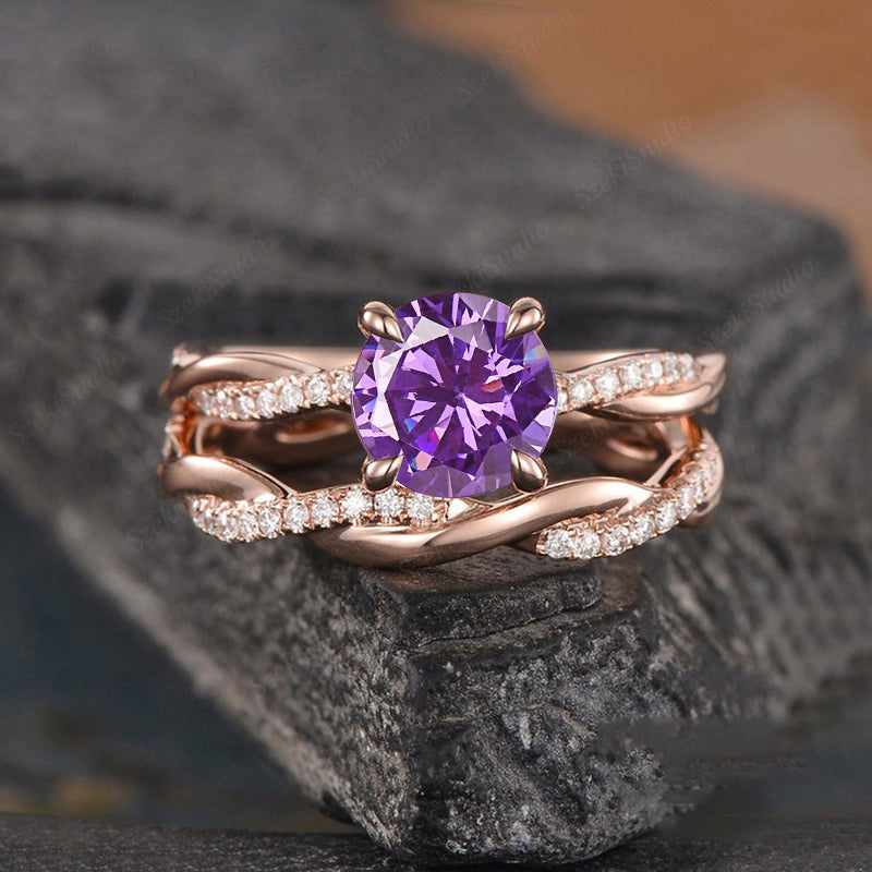Rose Gold Twist Round Cut Ring Amethyst Purple Wedding Set