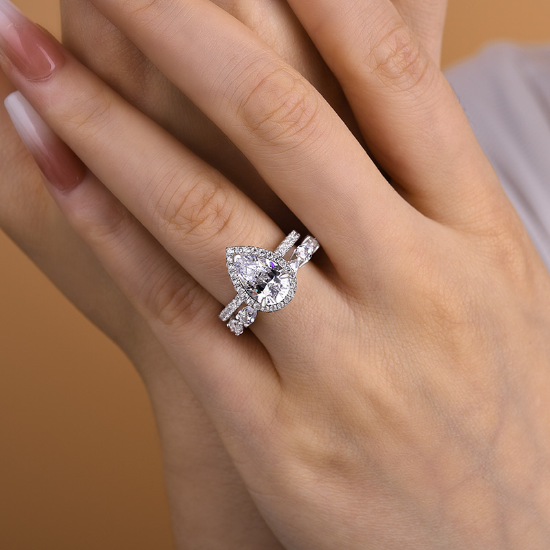 Sterling Silver Bridal Set Halo Pear Cut Engagement Ring & Pear Cut Wedding  Band