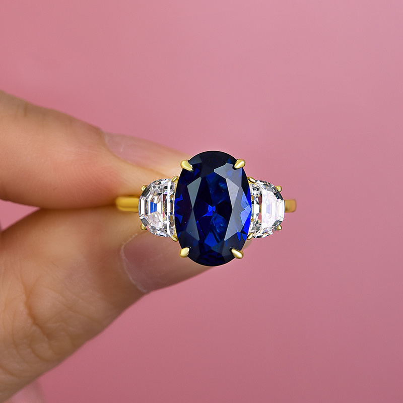 Lab-Grown Three Stone Oval Blue Sapphire and Half Moon Lab Diamond Ring |  Angara