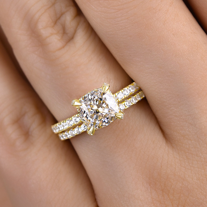 Classic Yellow Gold 1.5 Carat Cushion Cut Wedding Rings Set In Sterling Silver