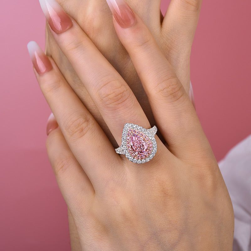 Honorable Split Shank Double Halo Pear Cut Pink Sapphire Engagement Ri