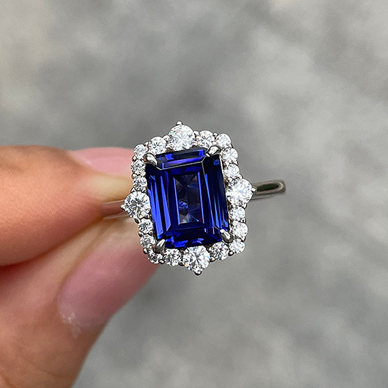 Blue sapphire emerald deals cut engagement rings