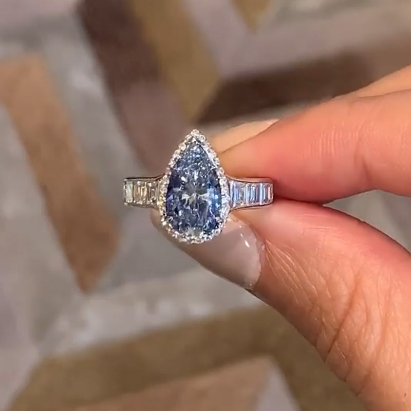 Luxury Aquamarine Blue 3.0 Carat Pear Cut Engagement Ring In Sterling Silver-Maxinejewelry