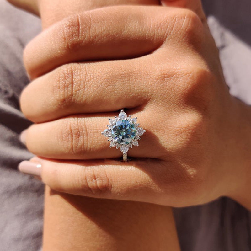 Cyan Blue Moissanite Snowflake Design Halo Round Cut Engagement