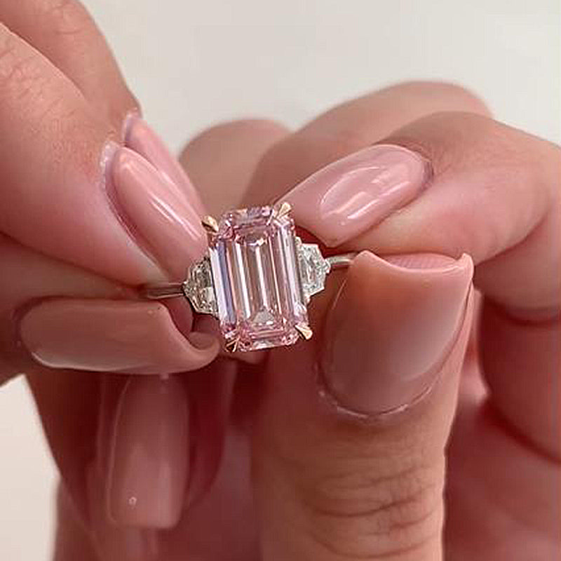 Gorgeous Emerald Cut Morganite Pink Three Stone Engagement Ring In Sterling  Silver