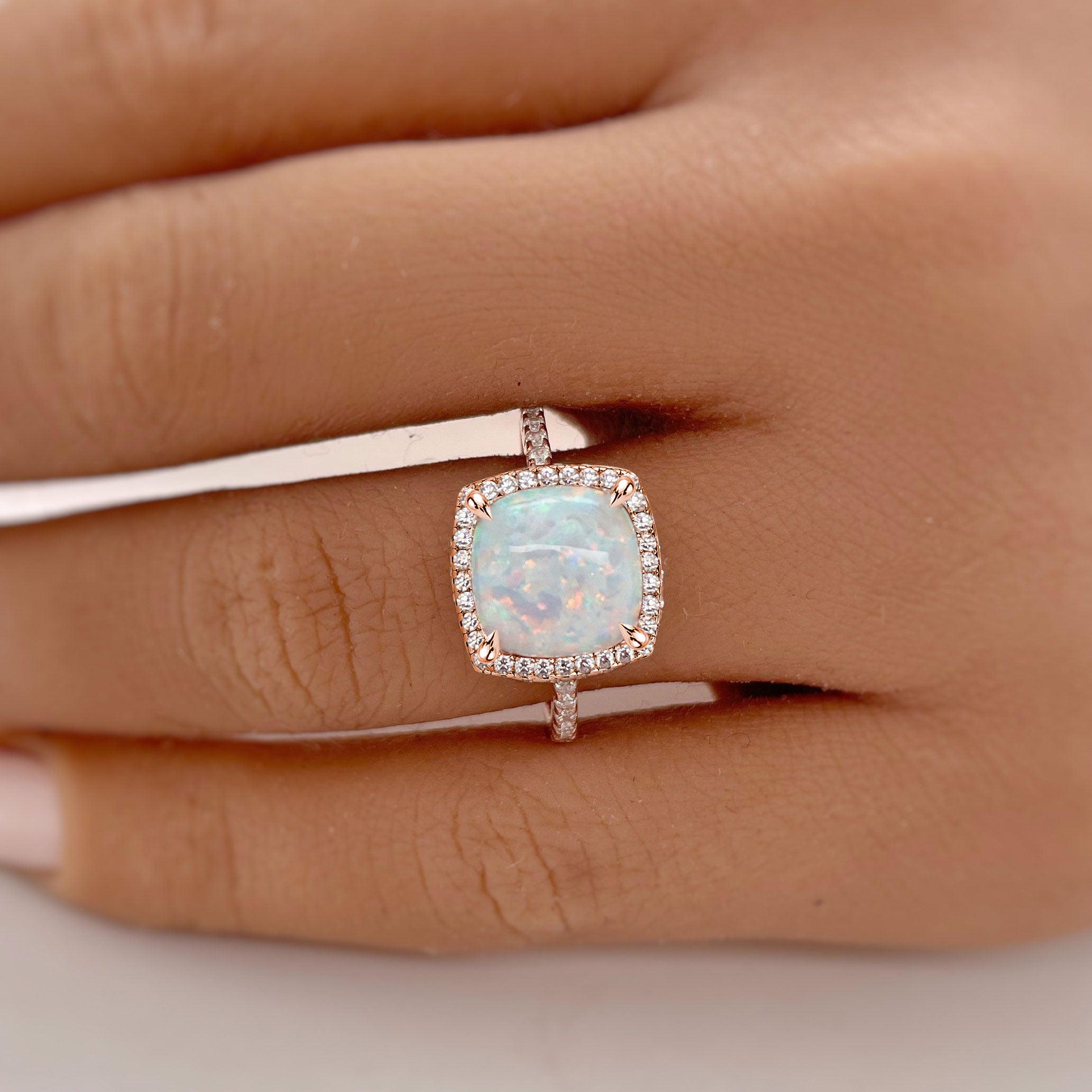 Unique Halo Cushion Cut Opal Stone Engagement Crushed Ice Ring in Sterling Silver